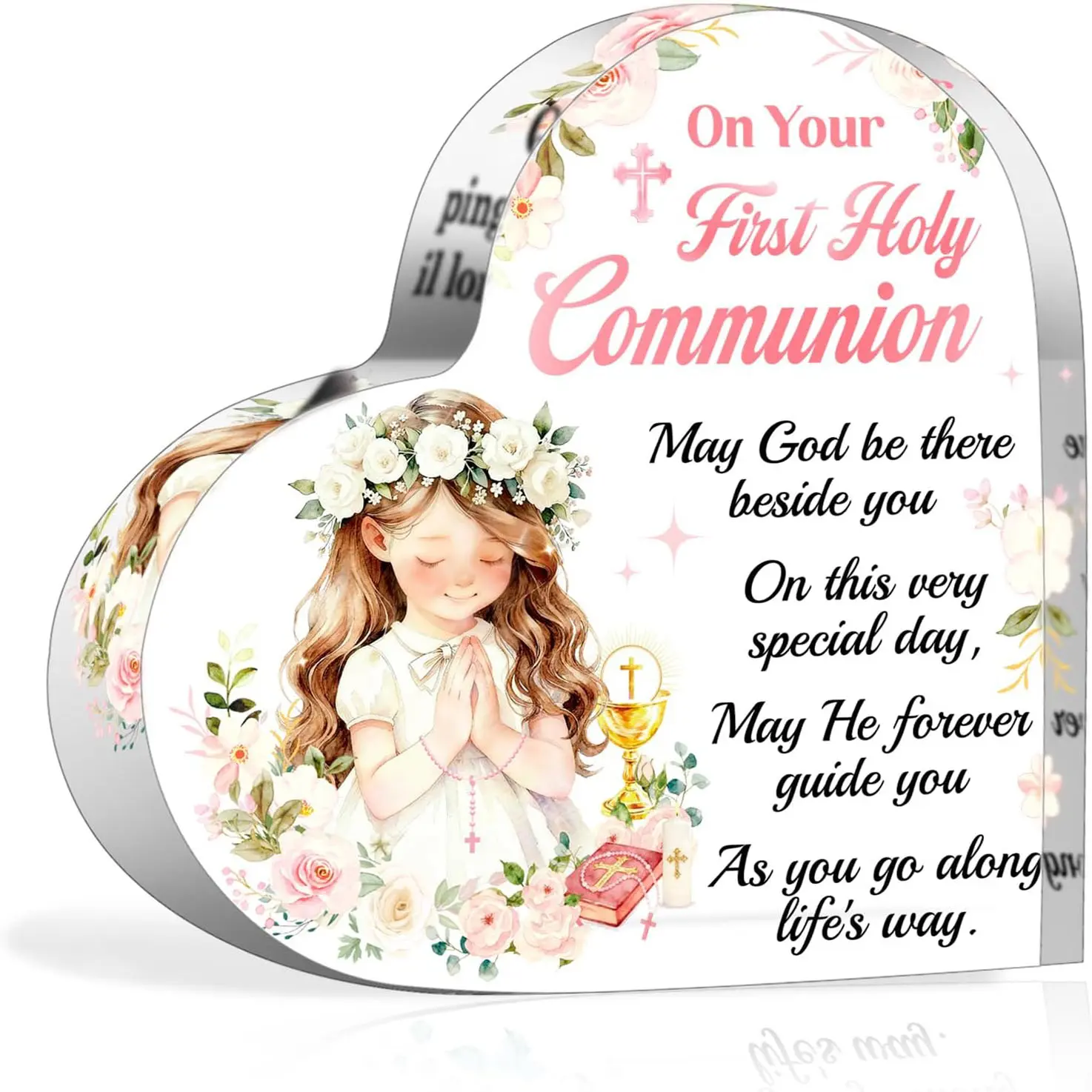 First Holy Communion Gifts for Girls, Heart-Shaped Acrylic Plaque Keepsake for Table Decorations, Acrylic Desktop Decoration, Acrylic Plaque Sign, 1st Holy Communion Gifts for Girls, Goddaughter, Daughter, Granddaughter, Decorative Plaque