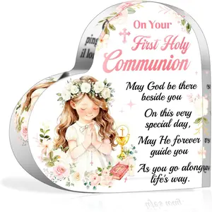 First Holy Communion Gifts for Girls, Heart-Shaped Acrylic Plaque Keepsake for Table Decorations, Acrylic Desktop Decoration, 1st Holy Communion Gifts for Girls, Goddaughter, Daughter, Granddaughter