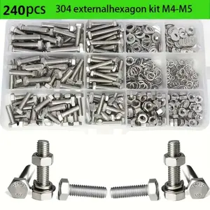 240pcs Premium Stainless Steel Hex Bolt & Nut Set, Heavy Duty Bolts, Durable Corrosion-Resistant, M4 & M5 Sizes, Full Thread & Washers, Mechanical Applications