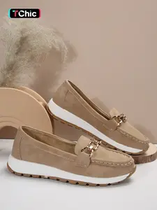 Women's Casual Sporty Slip-On Shoes, Comfortable Fashion Round Toe Low Top PU Leather Sneakers with Chain Decoration, Walking Shoes