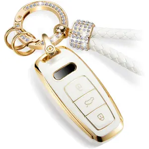 For Audi Key Fob Cover with Luxury Diamond Bling Braided Rope Keychain, Upgraded Soft Key Case for A3 A6-A8 E-Tron S3 RS6-7 SQ7-8 Key Fob Shell
