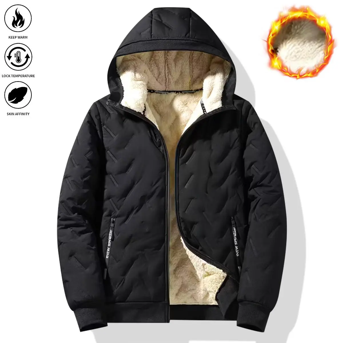 Men's Korean Casual Baggy Winter Jacket - Solid Color, Fleece-Lined Polyester, Hooded, Windproof for Outdoor Commuting, Woven, Hooded Protection, Long Sleeves Keep Arms Covered, Plain Style Keeps Outfits Clean, Windproof Coat