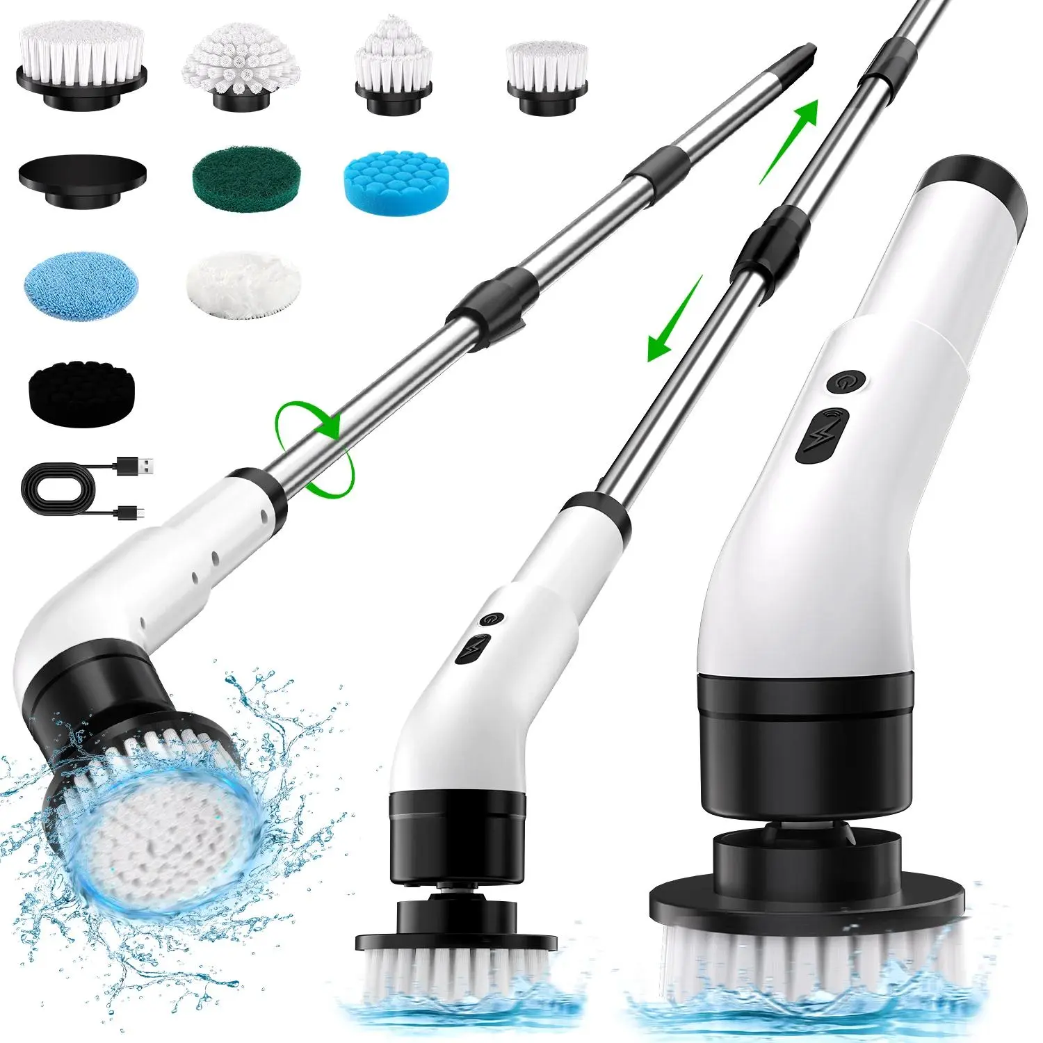 WHATOOK Wireless Rechargeable Spin Scrubber - 9-in-1 Scrubbing Spin Brush, Powerful Deep Cleaning Tool with Telescopic Adjustable-Length Long Handle, 9 Replaceable Brush Heads for Household Use (Cordless Convenience Kit)