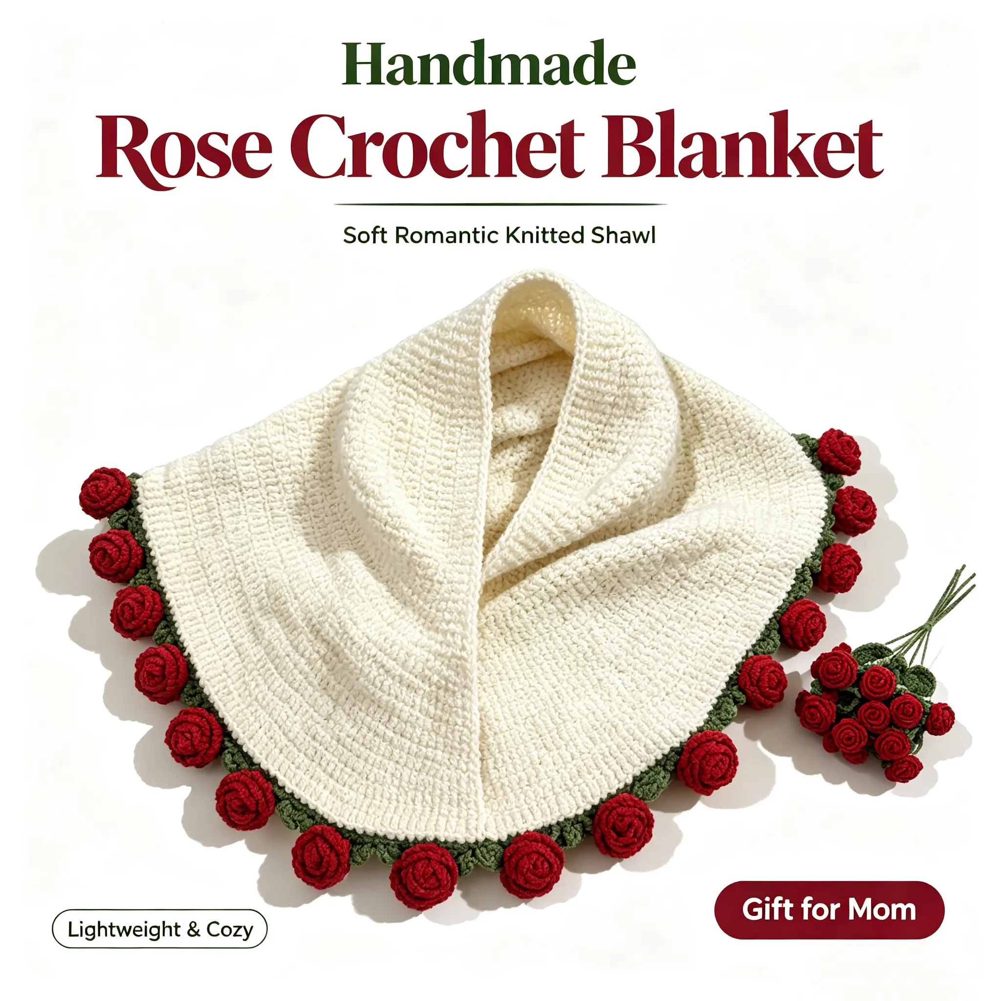 【FaddishDeal】Handmade 3D Rose Trim Crochet Throw Blanket, Christmas Festive Knitted Round Shawl Wrap, Soft Decorative Sofa Bed Cover Ideal Xmas Holiday Present for Women, Cozy Throw Blanket, Decorative Blankets