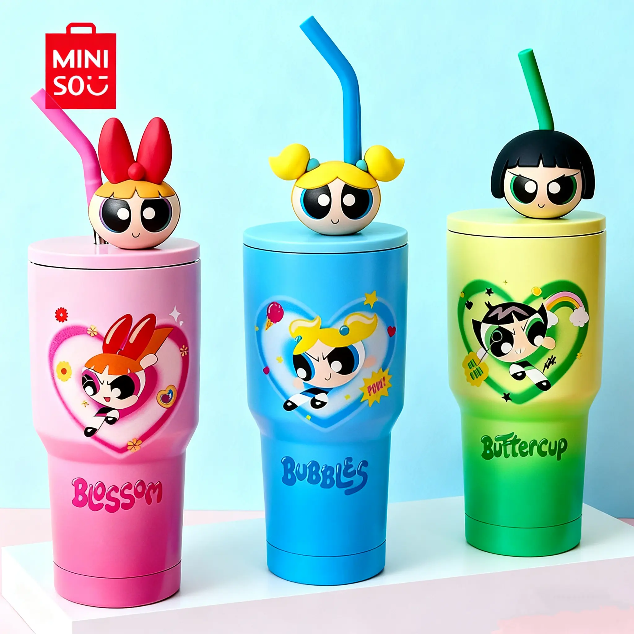 MINISO Powerpuff Girls Gradient Stainless Steel Straw Tumbler - 30oz Double-Wall Leakproof Vacuum Flask with 3D Character Topper, 3D Lid, Detachable Lid, Portable, Temperature-Retaining, Ideal for Coffee, Outdoor Use, Kitchenware Drinkware, Back To School