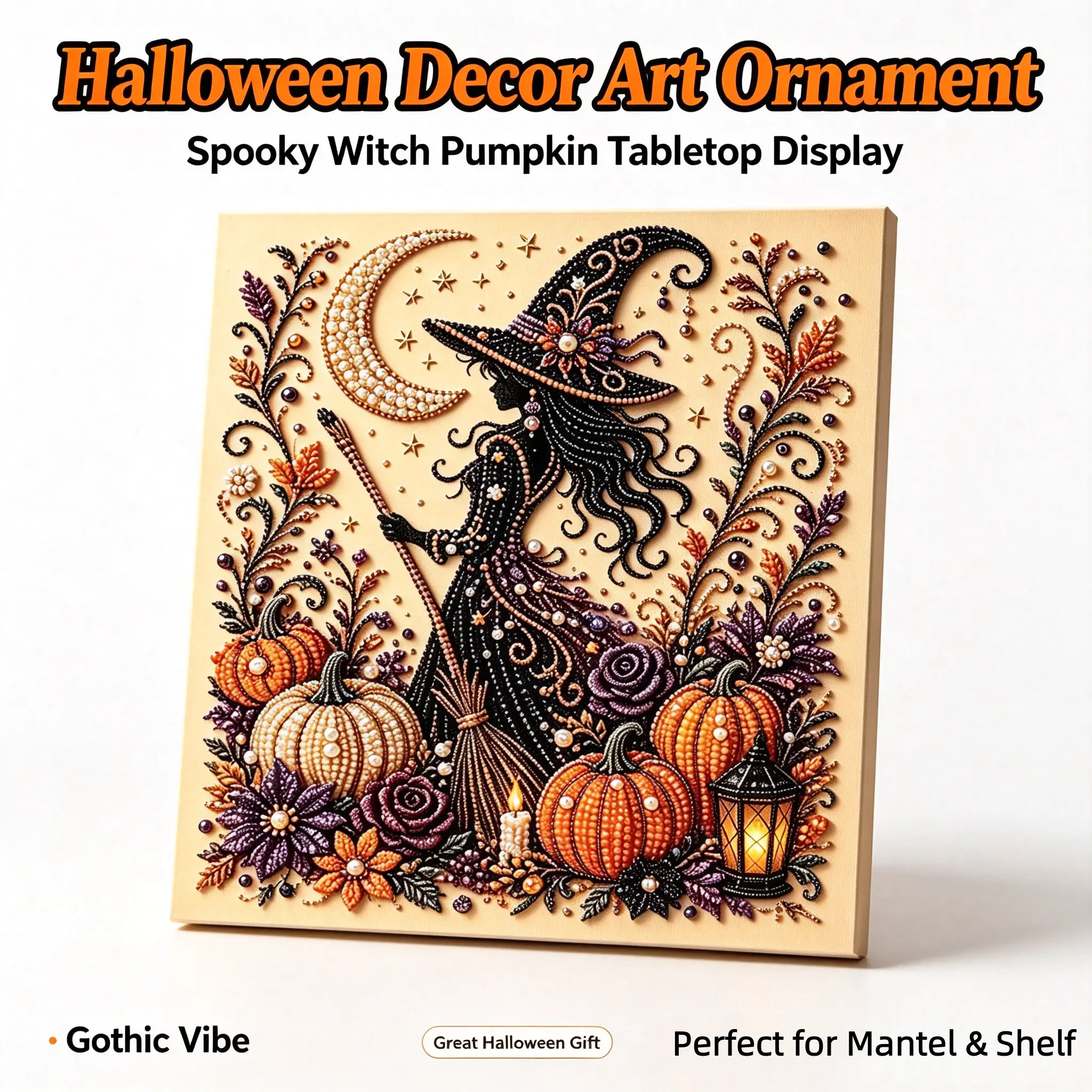 Halloween DIY Pearl Bead Mosaic Painting Kit, Witch on Broom & Black Raven Pumpkin Gem Art Craft Set, Creative Handmade Wall Art Ornament for Halloween Home Indoor Decor, Holiday Gift for Adults