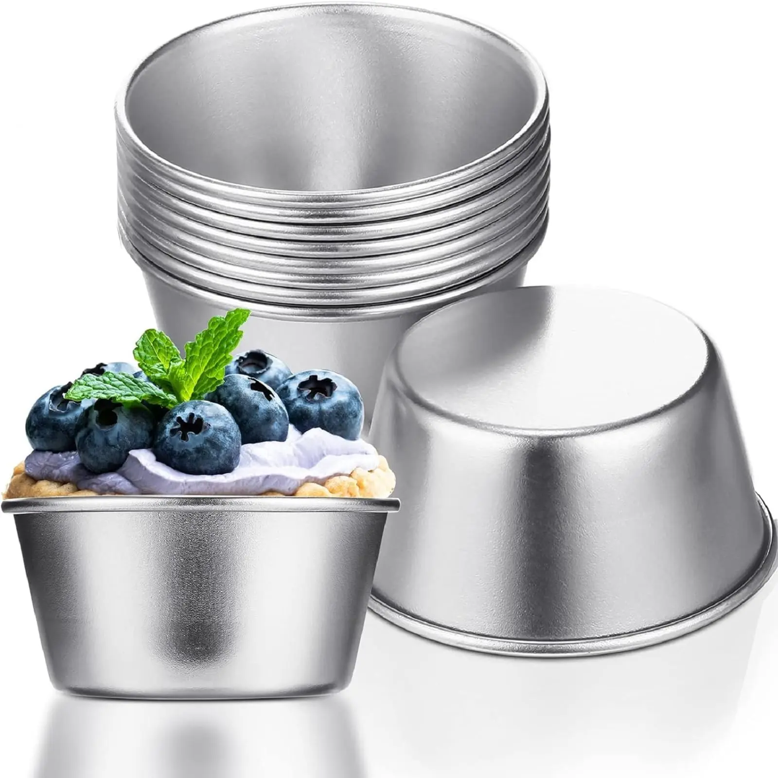 10 Pieces Individual Flan Molds Egg Tart Molds Pudding Cups Mini Chocolate Molten Pans Carbon Steel Cupcake Cake Cookie, Round Nonstick Popover Bakeware Tumblers(2.6 X 2 X 1.3 Inch)