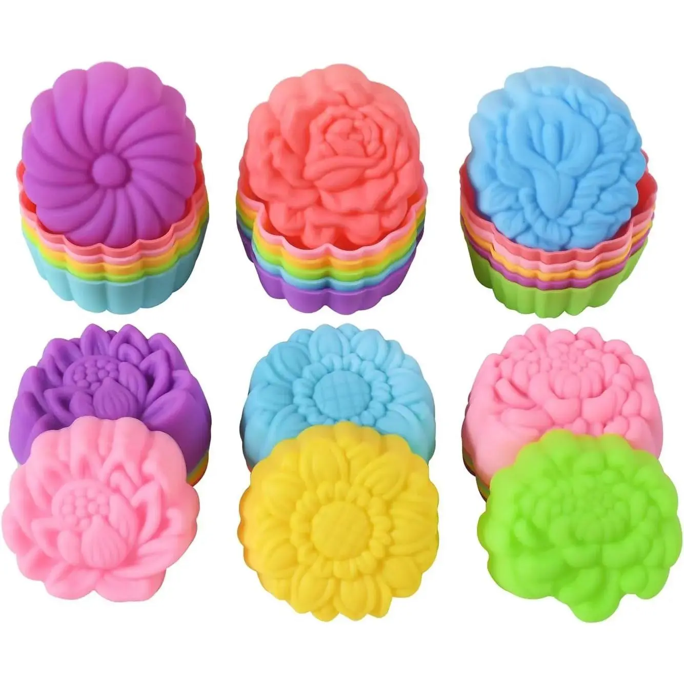 36 Pcs Food Grade Non-Toxic Reusable Silicone Baking Cups - 2in (5cm) Upper Diameter, 0.8in (2cm) Deep Mini Cupcake Molds, Multi-Flower Multicolor, Heat-Resistant -40 to 446°F, Easy to Use and Clean, Dishwasher Safe for Birthday, Wedding Baking