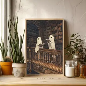 [SALE UP TO 50% - UNFRAMED] Two cute ghosts in a library print, romantic dark academia, moody cottagecore spooky decor
