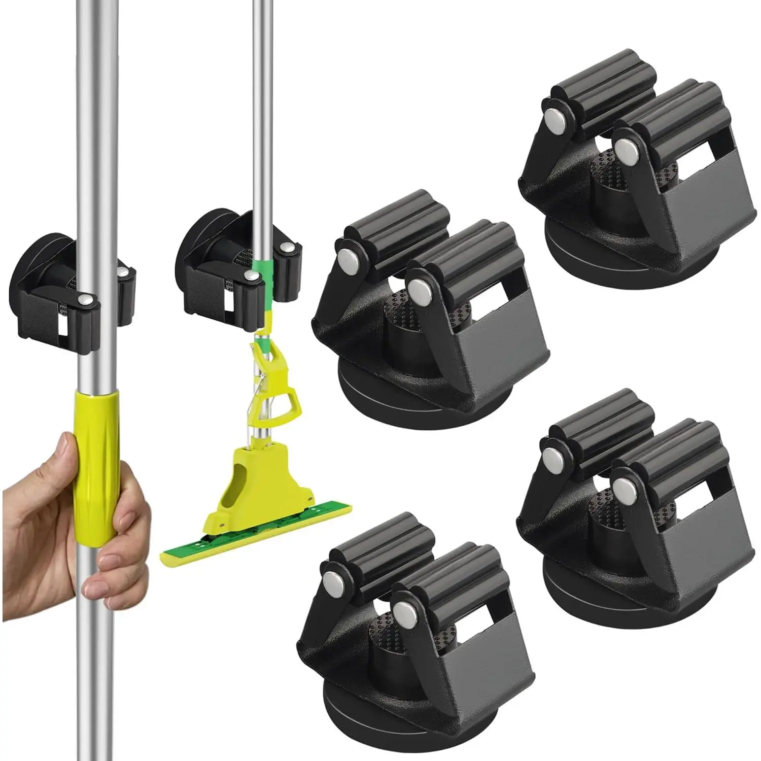 Mop Broom Holder,Heavy Duty Movable  Broom Holder Rack,Anti-slip Wall Mounted Utility Storage Mop Shovel Hanger for Garage, Kitchen, Laundry, Garden(4 Pack/Black)