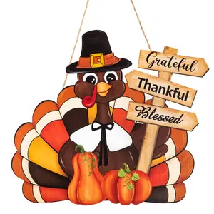 Thanksgiving Decoration Wooden Turkey Pumpkin Door Wreath for Front Door Sign Wall Signs, Thankful Blessed Grateful Pumpkin Sign Hanging for Fall Autumn Harvest Home Halloween Decoration
