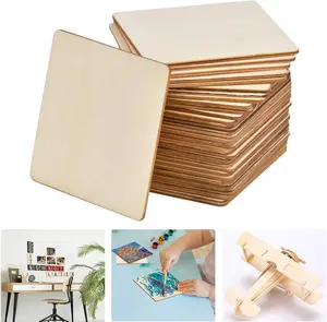 50 Pcs Unfinished Wood Pieces, Natural Blank 4 X 4 Inch Wood Squares, Wooden Square Cutouts Tiles for DIY Crafts Painting, Coasters Engraving, Home Decorations