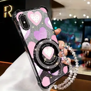 XS Max Popular Series Pearl Strap Lanyard Phone Holder Case For Compatible With iPhone XS Max Transparent Magnetic Glitter Cover and Durable Full of Cute Pink Hearts Protector Cases