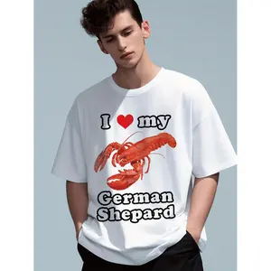Men's Vintage Heavyweight Cotton T-Shirt, Lobster Graphic & "I Love My German Shepherd" Design, Casual Wear for Pet & Seafood Enthusiasts