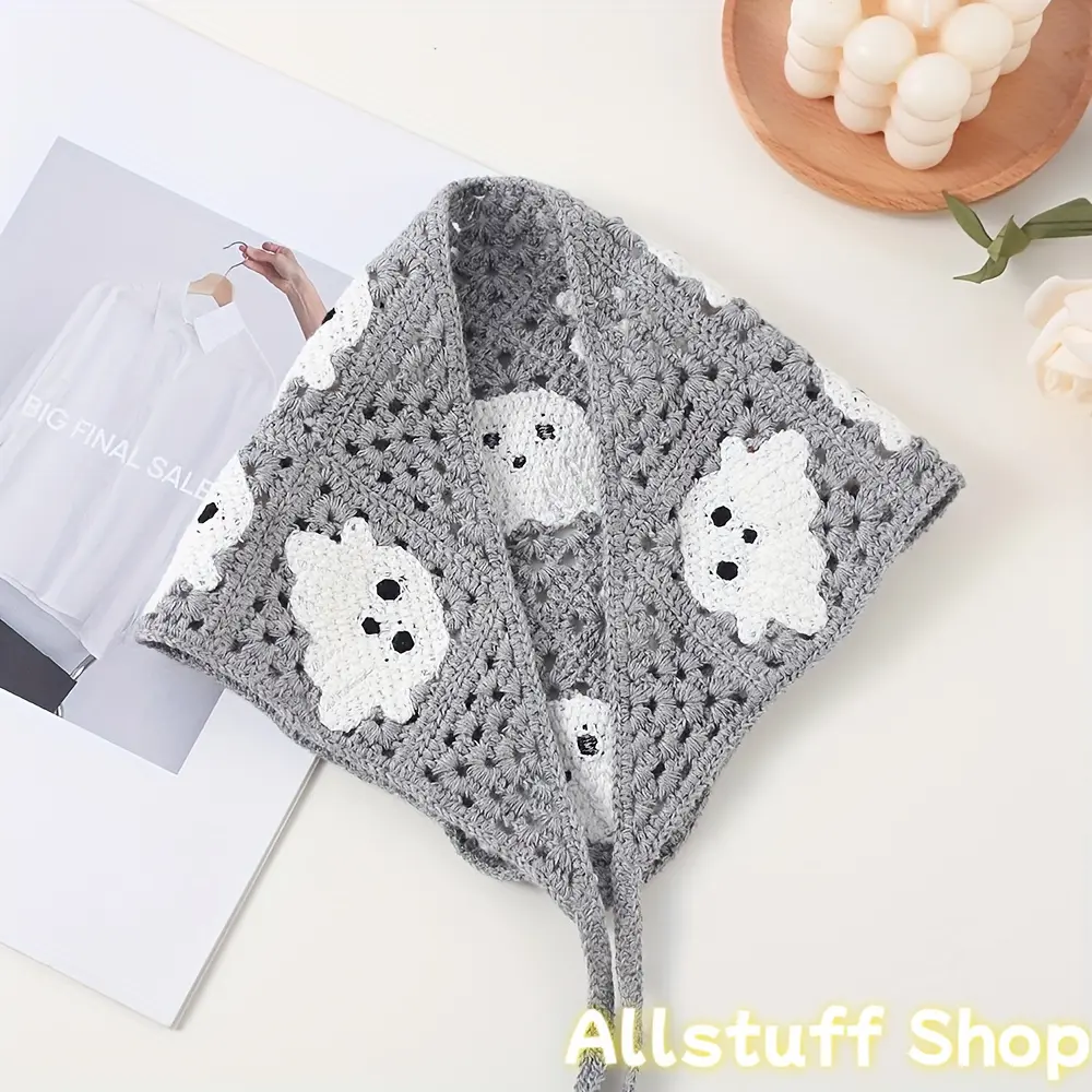 Female Knitting Boho Headband - 1pc Crochet Bandana Turban with Cute Graphic Spectre Pattern Triangle Design for Halloween, Sports Use