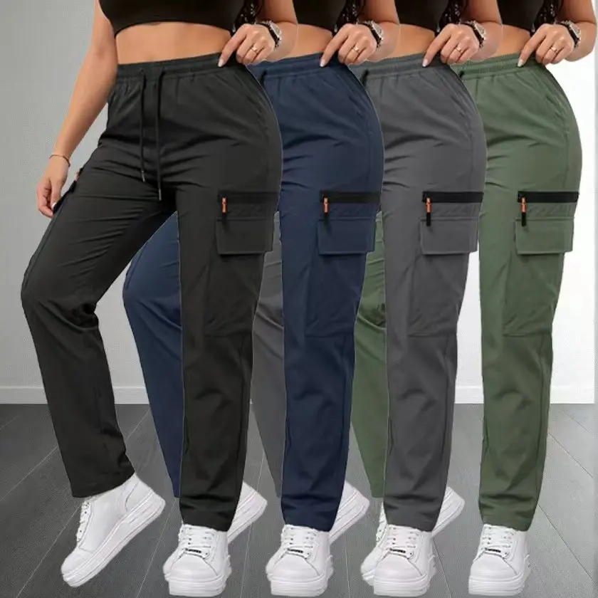 Women’s cargo casual pants, 1-pack — lightweight for summer, elastic waistband with drawstring, straight-leg athletic design, multiple pockets, quick-drying outdoor trousers