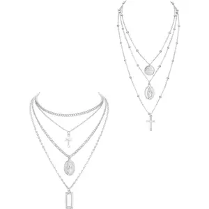 Women's 2-Piece Silver-Tone Layered Choker Necklace Set - Trendy Jewelry, Dainty Layering Jewelry with Tag Coins, Cross Crucifix, Blessed Virgin Mary Pendants for Daily Wear,summerwins