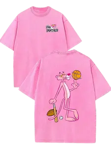 Men's & Women's 230GSM Heavyweight Cotton T-Shirt Retro Y2K Streetwear Style with Pink Panther & Baseball Print Round Neck Short Sleeve Casual Summer Top Machine Washable Unisex Tee