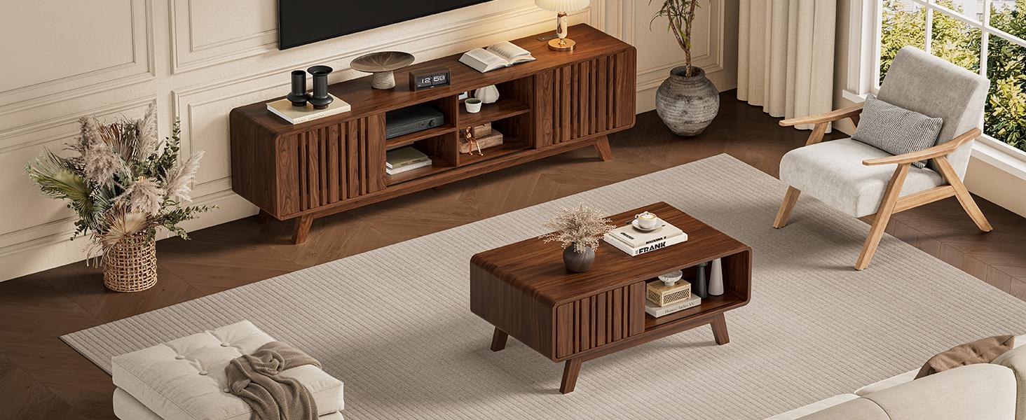 【SPOTLIGHT DAY】ONBRILL Coffee Table, Mid Century Modern Table with Storage Compartment, Fluted Table with Sliding Cabinet Door, Farmhouse Wood Coffee Table for Living Room