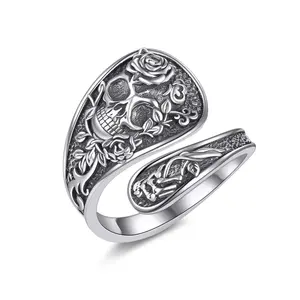 S925 women's sterling silver skull open ring suitable for sizes 6-9, suitable for gifts or personal wear Sterling Silver Vintage Sunflower