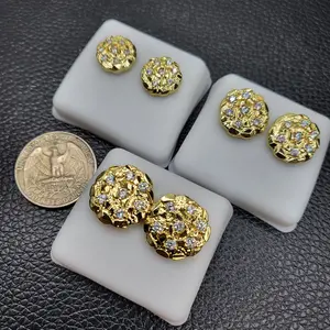 MaxBling81 Unisex 3PCS Brass Gold Nugget Cookie-Shape Iced Cubic Zirconia Ear Stud Earrings - 3 Sizes, Fashion Costume Jewelry Accessories, High-Quality Nugget Earrings