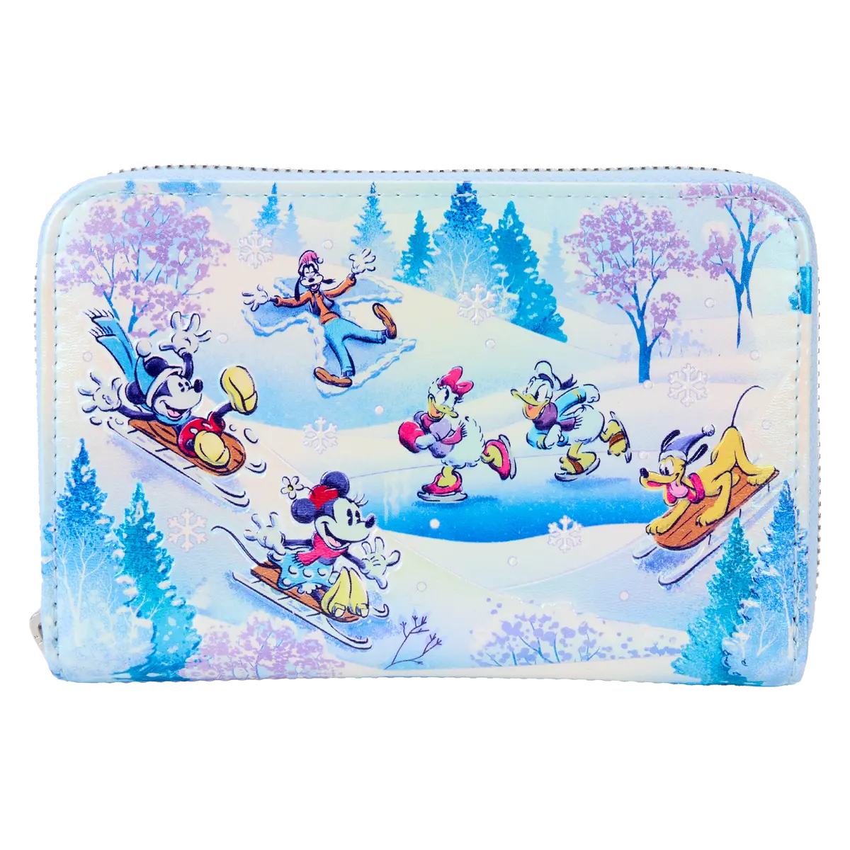 Loungefly Disney Mickey & Friends Winter Wonderland Scene Vegan Leather Wallet, Stylish Zip Around with Iridescent & Embossed Details, Stylish Wallet, Icy, Everyday Carry, Id Window, Polyurethane, Character Print, Iris Detail