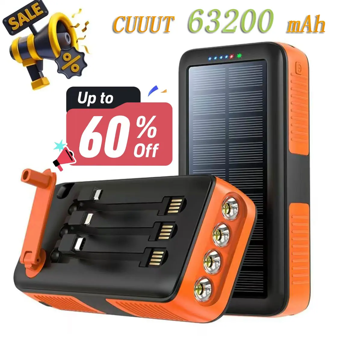CUUUT Solar Portable Charger 63200 mAh Portable Charger Battery 22.5W Fast Charging Type, Suitable for Various Smartphones, USB/DTYPE-C Interface, Large-capacity Portable Hand-crank Charger Suitable for Outdoor Camping Equipment Charging