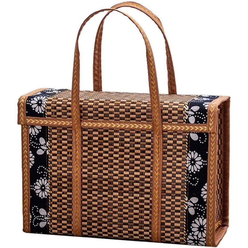 Foldable Woven Handheld Picnic Basket - Wicker Rattan Grass Bamboo Construction, Handle Design, Picnic Hamper for Fruit and Food Storage