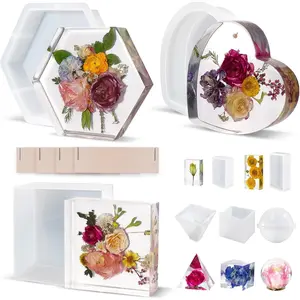 LET'S RESIN 8Pcs Resin Molds Silicone,Deep Epoxy Resin Molds for Flower Bouquet Preservation,Large Silicone Molds for Resin Casting Craft Including Square Hexagon Heart Resin Mold