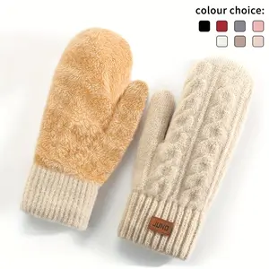 1pc Women'S Winter Double-Layer Thermal Knit Mittens with Twisted Pattern - Thickened Warm Gloves for Cold Weather, & Brown, Machine Washable