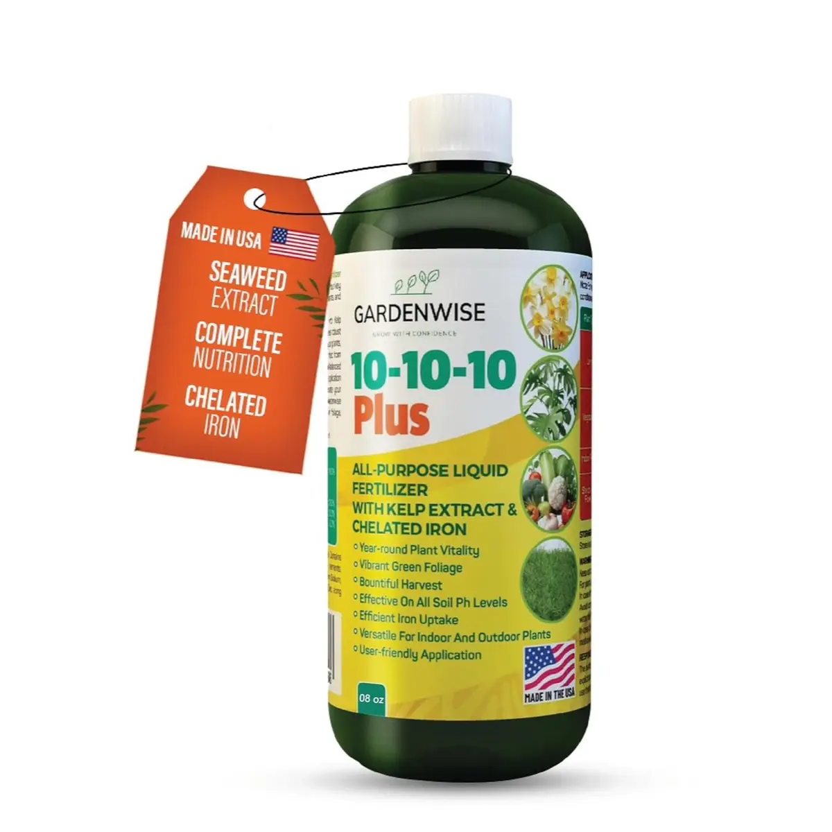 GARDENWISE 10-10-10 Liquid Fertilizer with Seaweed Kelp Extracts and 6% Chelated Liquid Iron for Lawns, Vegetables, Indoor Plants, & Flowers (8oz) houseplant