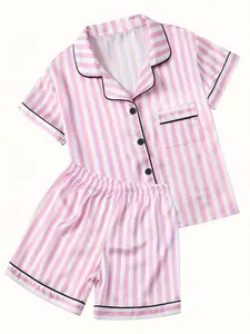 Kids Pink White Stripe Satin 2 Piece Pajama Set Short Sleeve Button Down Sleepwear for Boys & Girls, Ideal Kids Girl Stuff & Kids Stuff, Cute Teen Girl Clothes, Soft Comfy PJs 5-14Y