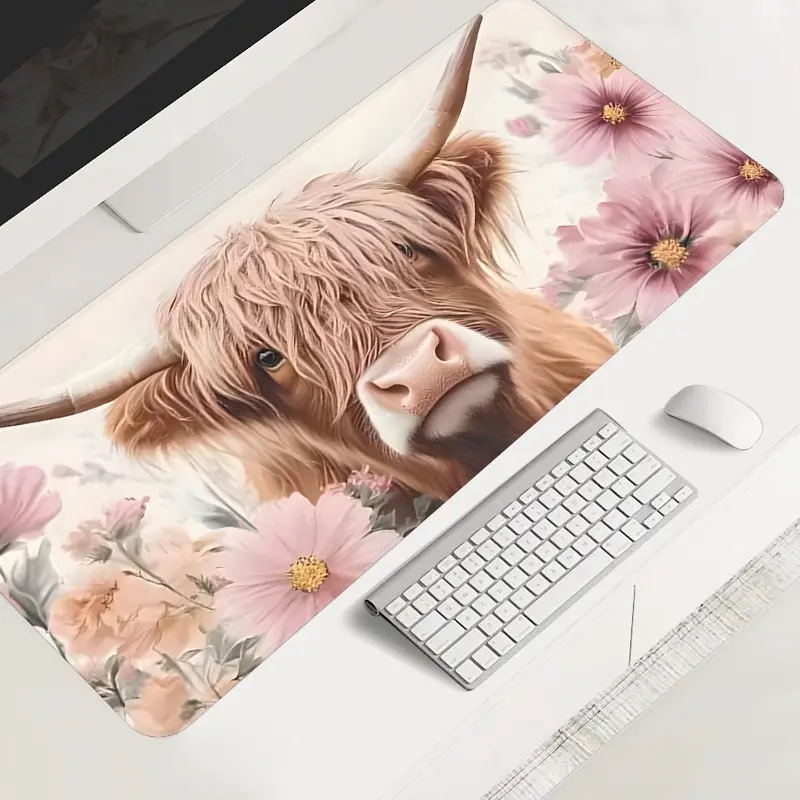 Highland Cow large-sized gaming mouse pad, floral desktop pad, Non slip mousepad, Desktop accessory, Desk Accessories, anti-slip rubber lock edge high-definition printing, suitable for computers, offices, homes, as a gift for family and friends