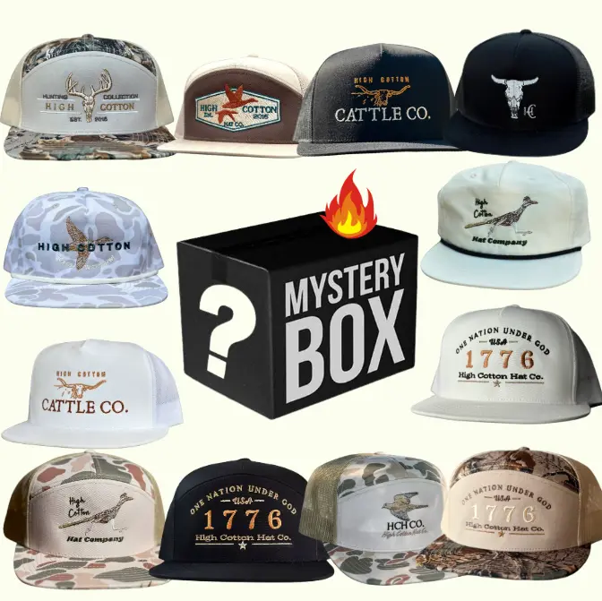 [ BEST 2026 ] Hat Random Sent High Cotton Hat Co Mystery Box, Cattle Co Trucker Cap, Hunting Collection, 1776 One Nation Under God, HCHC Camo Snapback