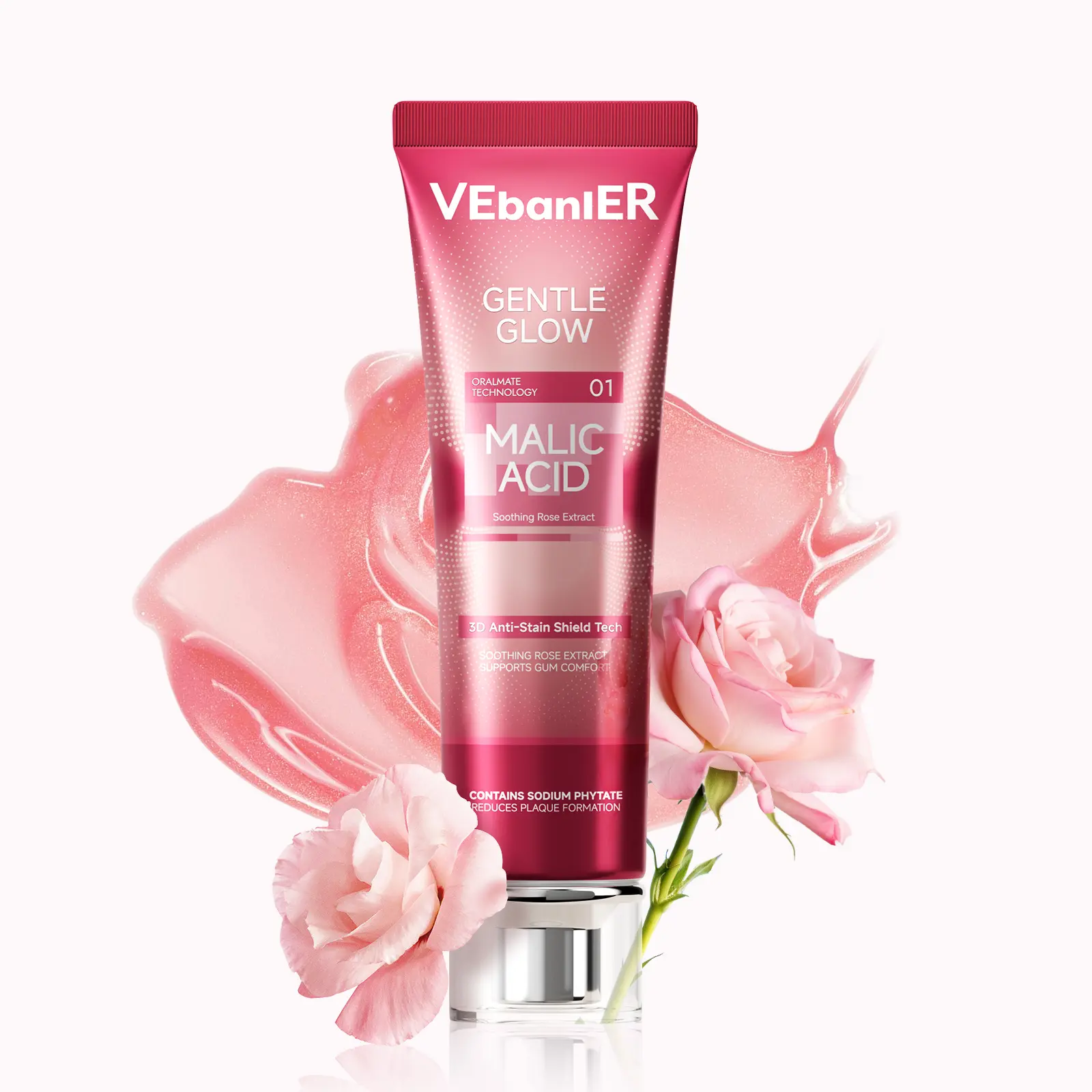 VEbanlER Rose Malic Acid Toothpaste - Fluoride-Free, Eco-Friendly, AHA-Infused, Stain-Removing, Plaque-Removing, Brightening, All Ages-Safe, Daily Oral Care, Prevents Bad Breath, Christmas Gift Option