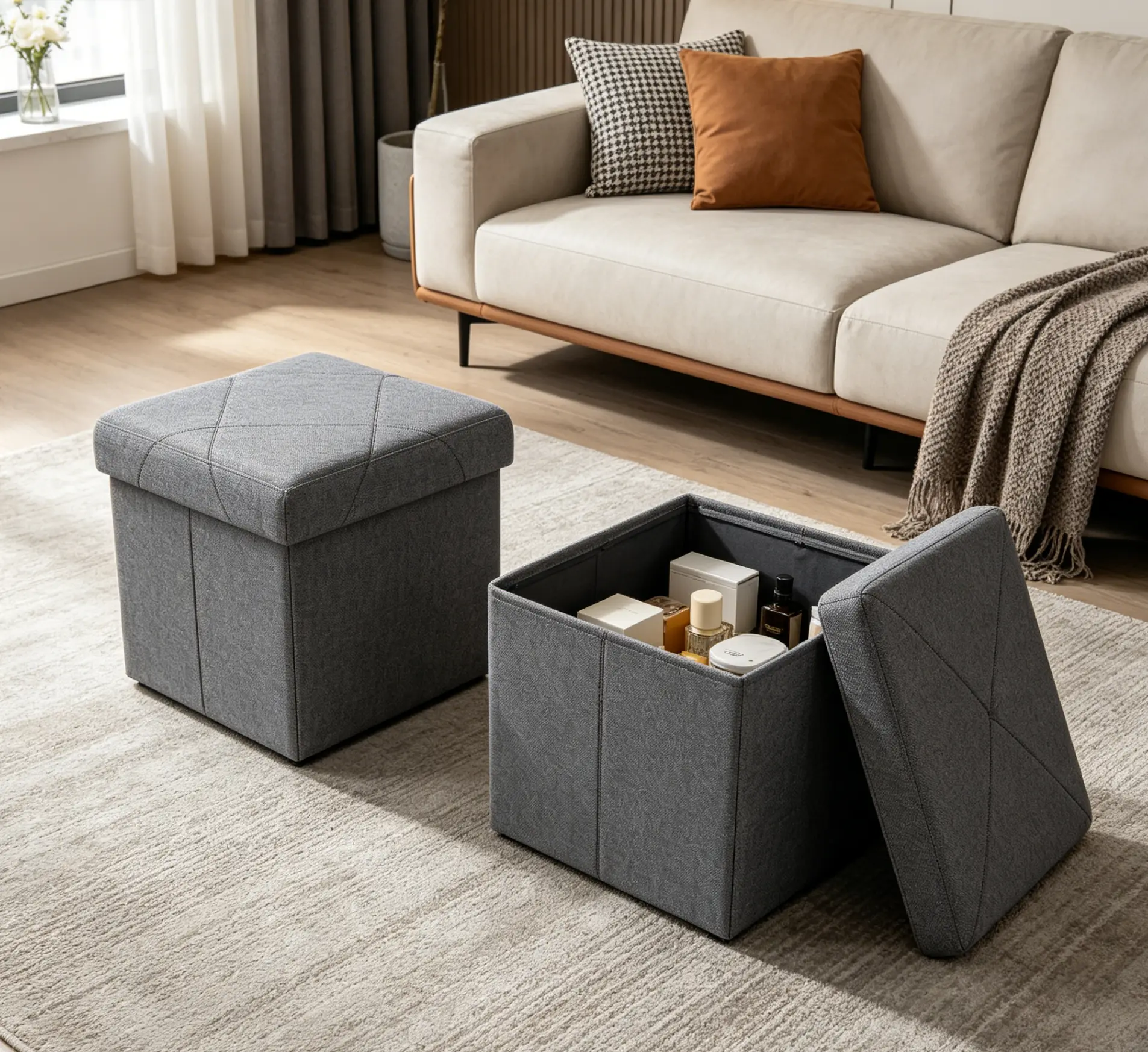 Storage stool — indoor footstool that can serve as a toy box or toolbox; suitable for living rooms and bedrooms. Dimensions: 14.96 inches × 14.96 inches × 14.96 inches.