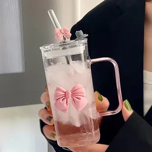 Transparent Glass Water Cup with Pink Bow Design & Detachable Straw Reusable for Home Office & Travel Borosilicate Heat Resistant 350-450ml