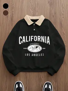 Men's Polo Neck Sweatshirt, Skin-Friendly Warm Fabric, California Text Mountain Sun Print, Fleece Collar Design, Casual Commute Wear