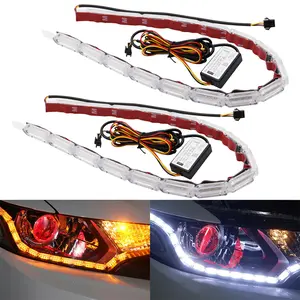 DIBMS 2pcs Flexible Automotive LED Strip Lights, Crystal DRL LED Lights, Daytime Running Lights, Fluid Turn Signal Lights, Headlights, White/Amber, Angel Tears Headlight Kit Flexible Crystal Sequential Daytime Lights Car Lighting Accessories