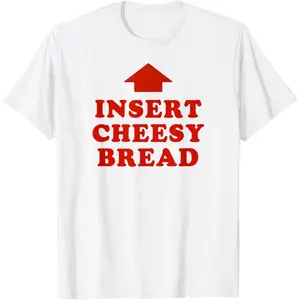 Red TShirt With Cheesy Bread Lettering And Arrow Design