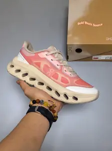 Pink-Beige Color-Blocked Breathable Mesh Cushioned Running Shoes, Lightweight Hollow Structure with Cloud-Like Midsole Design