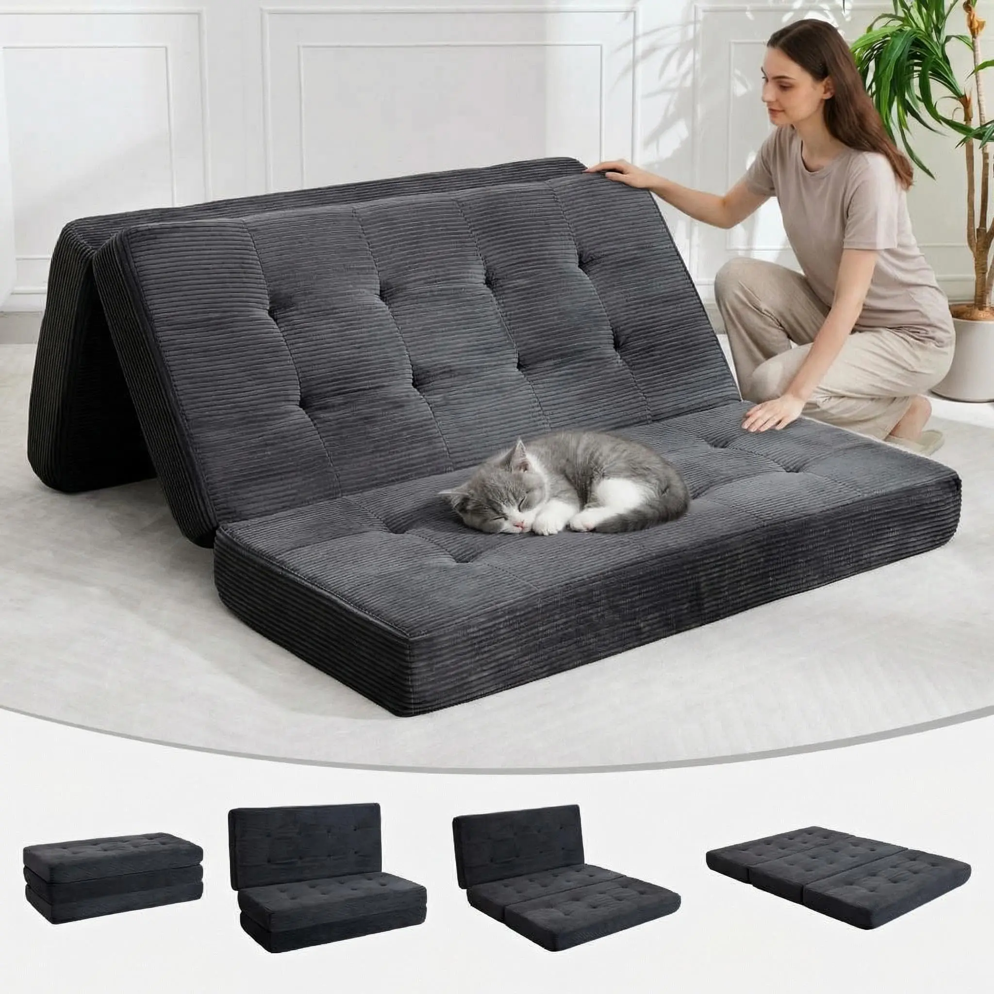 Garvee 6-in-1 Portable Foldable Tri-Fold Mattress - Full Size Bed, 4-in-1 Lounge Chair, High-Density Foam Layer Support, Diamond Quilted Corduroy Fabric, Unpack & Go for Camping,Dorm,75"x54.3",Black/Grey/Green