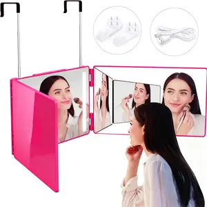 LED 360° Viewing Mirror for Hair Cutting and Styling, Adjustable Height Mirror with Lights for Grooming, Makeup and Shaving, Clear HD Glass, Portable for Bathroom or Travel