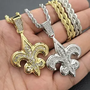 Fleur De Lis Symbol Cubic Zirconia Pendant & 4mm 18" 20" 24" Rope Chain Hip Hop Style Necklace Jewelry Halloween Gift