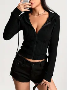 Women's Plain Basic Fashion Style Soft Slim-Fitting Hoodie Tops Long Sleeve with Fleece Lining and Zipper Front, Spring & Fall Casual Wear, Stylish Pullover Sweatshirt