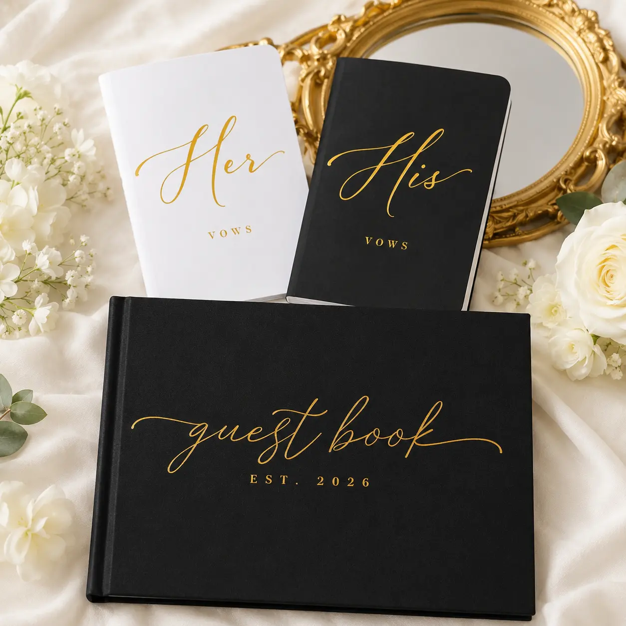 Artesori Premium 2026 Wedding Keepsake Set – Gold Foil Guest Book with His & Hers Vow Books for Bride and Groom, Wedding Reception, Bridal Shower & Engagement Gift [White & Black]