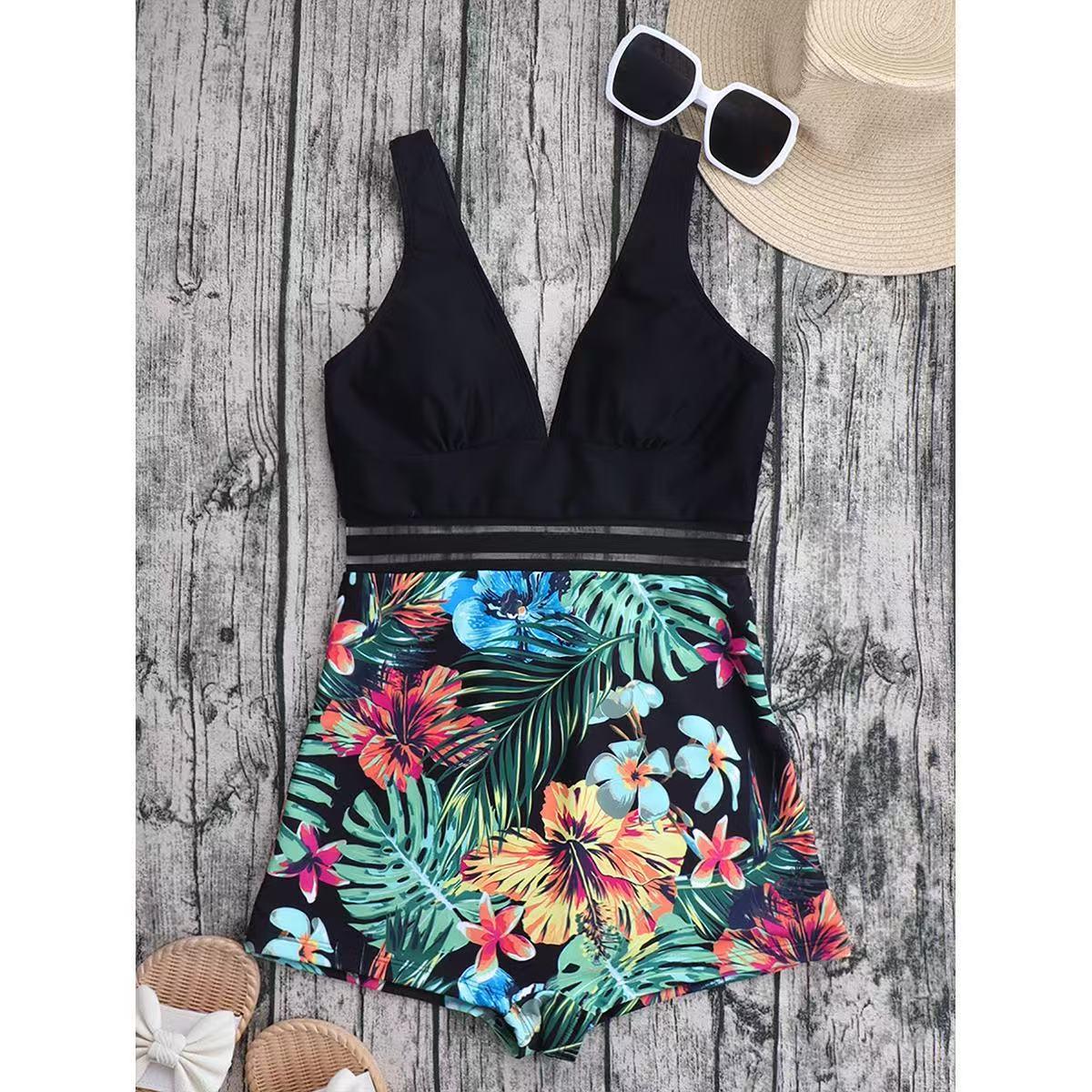 Thong bikini women's swimsuit anti roll Tankini top with belly cover design, suitable for water parks, parties, beaches, swimming, and summer essentials