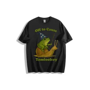 Whimsical Green Frog Riding Snail with Wizard Hat & Wand - "Off to Cause Tomfoolery" Cartoon Fantasy Art Printed T-Shirt, Casual Crew Neck, Super Soft Cotton, Perfect for Fun