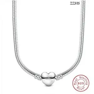 ZZHS Heart Love 925 Sterlin silver snake chain necklace secure ball clasp beads charms choker necklace for Women wedding DIY jewelry