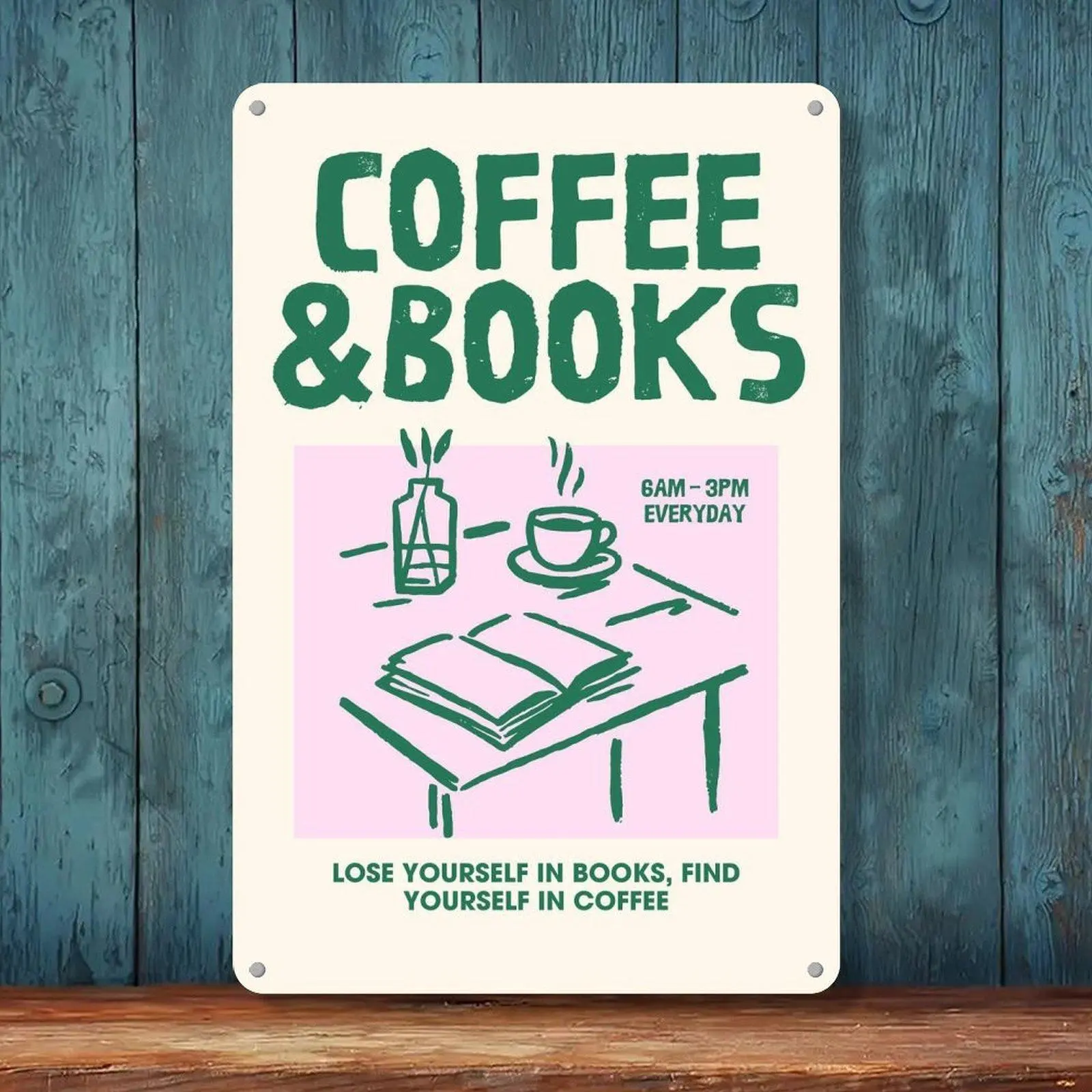 Coffee & Books Lose Yourself In Books Retro Art Tin Sign 8x12in Coffee Shop Reading Nook Wall Decor Metal Tin Sign